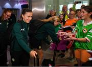 2 August 2023; Katie McCabe at Dublin Airport on the Republic of Ireland's return from the FIFA Women's World Cup 2023 in Australia. Photo by David Fitzgerald/Sportsfile