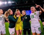 31 July 2023; Republic of Ireland goalkeeper Courtney Brosnan who was annouced as the player of the match with team-mates, from left, Diane Caldwell, Amber Barrett, Harriet Scott and Abbie Larkin after the FIFA Women's World Cup 2023 Group B match between Republic of Ireland and Nigeria at Brisbane Stadium in Brisbane, Australia. Photo by Stephen McCarthy/Sportsfile