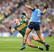 30 July 2023; Sean O'Shea of Kerry is tackled by James McCarthy of Dublin during the GAA Football All-Ireland Senior Championship final match between Dublin and Kerry at Croke Park in Dublin. Photo by Brendan Moran/Sportsfile