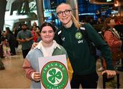 2 August 2023; Louise Quinn with Olivia Owens, age 14, from Derry at Dublin Airport on the Republic of Ireland's return from the FIFA Women's World Cup 2023 in Australia. Photo by David Fitzgerald/Sportsfile