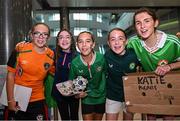 2 August 2023; Ireland supporters, from left, Emma Murphy, Grace Carter, Alba Hennessey Martinez, Hannah Carter, all age 11, and Holly O'Brien, age 14, at Dublin Airport on the Republic of Ireland's return from the FIFA Women's World Cup 2023 in Australia. Photo by David Fitzgerald/Sportsfile
