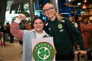 2 August 2023; Louise Quinn with Olivia Owens, age 14, from Derry at Dublin Airport on the Republic of Ireland's return from the FIFA Women's World Cup 2023 in Australia. Photo by David Fitzgerald/Sportsfile