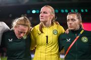 31 July 2023; Republic of Ireland players, from left, Amber Barrett, Courtney Brosnan and Harriet Scott after the FIFA Women's World Cup 2023 Group B match between Republic of Ireland and Nigeria at Brisbane Stadium in Brisbane, Australia. Photo by Stephen McCarthy/Sportsfile