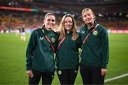 31 July 2023; Republic of Ireland players, from left, Jamie Finn, Harriet Scott and Sophie Whitehouse before the FIFA Women's World Cup 2023 Group B match between Republic of Ireland and Nigeria at Brisbane Stadium in Brisbane, Australia. Photo by Stephen McCarthy/Sportsfile