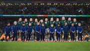 31 July 2023; Republic of Ireland players, from left, Kyra Carusa, Sinead Farrelly,Heather Payne, Lily Agg, Denise O'Sullivan, Ruesha Littlejohn, Megan Connolly, Niamh Fahey, Louise Quinn, Courtney Brosnan and Katie McCabe sing Amhrán na bhFiann before the FIFA Women's World Cup 2023 Group B match between Republic of Ireland and Nigeria at Brisbane Stadium in Brisbane, Australia. Photo by Stephen McCarthy/Sportsfile