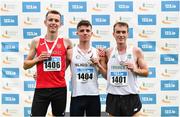 30 July 2023; Men's 3000m steeplechase medallists, Finley Daly of Sligo AC, gold, centre, Oisin Spillane of Ennis Track AC, Clare, silver, left, and Liam Harris of Togher AC, Cork, bronze, right, during day two of the 123.ie National Senior Outdoor Championships at Morton Stadium in Dublin. Photo by Sam Barnes/Sportsfile