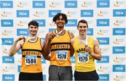 30 July 2023; Men's long jump medallists, Reece Ademola of Leevale AC, Cork, gold, centre, Sam Healy of Leevale AC, Cork, silver, left, and Shane Howard of Bandon AC, Cork, bronze, right, during day two of the 123.ie National Senior Outdoor Championships at Morton Stadium in Dublin. Photo by Sam Barnes/Sportsfile