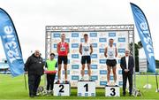 30 July 2023; Men's 3000m steeplechase medallists, Finley Daly of Sligo AC, gold, centre, Oisin Spillane of Ennis Track AC, Clare, left, and Liam Harris of Togher AC, Cork, bronze right, with Athletics Ireland president John Cronin, far left, and Chair of the Jerry Kiernan foundation Murt Coleman, far right, during day two of the 123.ie National Senior Outdoor Championships at Morton Stadium in Dublin. Photo by Sam Barnes/Sportsfile