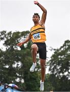 30 July 2023; Reece Ademola of Leevale AC, Cork, competes in the men's long jump during day two of the 123.ie National Senior Outdoor Championships at Morton Stadium in Dublin. Photo by Sam Barnes/Sportsfile