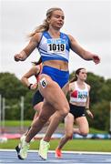 30 July 2023; Molly Scott of St Laurence O'Toole AC, Carlow, competes in the women's 100m during day two of the 123.ie National Senior Outdoor Championships at Morton Stadium in Dublin. Photo by Sam Barnes/Sportsfile