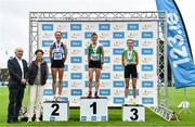 30 July 2023; Women's 5000m medallists, Ide Nicdhomhnaill of West Limerick AC, gold, centre, Roisin Flanagan of Finn Valley AC, Donegal, silver, left, and Shona Heaslip of An Ríocht AC, Kerry, bronze, right, with Chair of the Jerry Kiernan Foundation Murt Coleman, far left, and Olympian Sonia O'Sullivan, second from left,  during day two of the 123.ie National Senior Outdoor Championships at Morton Stadium in Dublin. Photo by Sam Barnes/Sportsfile