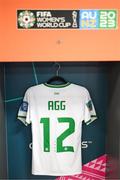 31 July 2023; The jersey of Lily Agg hangs in the Republic of Ireland dressing room before the FIFA Women's World Cup 2023 Group B match between Republic of Ireland and Nigeria at Brisbane Stadium in Brisbane, Australia. Photo by Stephen McCarthy/Sportsfile