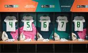 31 July 2023; The jersey's of Louise Quinn, Niamh Fahey, Megan Connolly, Diane Caldwell and Ruesha Littlejohn hang in the Republic of Ireland dressing room before the FIFA Women's World Cup 2023 Group B match between Republic of Ireland and Nigeria at Brisbane Stadium in Brisbane, Australia. Photo by Stephen McCarthy/Sportsfile