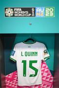 31 July 2023; The jersey of Lucy Quinn hangs in the Republic of Ireland dressing room before the FIFA Women's World Cup 2023 Group B match between Republic of Ireland and Nigeria at Brisbane Stadium in Brisbane, Australia. Photo by Stephen McCarthy/Sportsfile