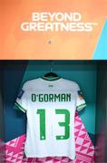 31 July 2023; The jersey of Áine O'Gorman hangs in the Republic of Ireland dressing room before the FIFA Women's World Cup 2023 Group B match between Republic of Ireland and Nigeria at Brisbane Stadium in Brisbane, Australia. Photo by Stephen McCarthy/Sportsfile