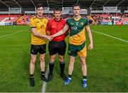 28 July 2023; Referee Fintan Pierce with team captains Alan Freeman of Middle East and Michael McWeeney of Australasia during the Men's Football Open Cup Final Oakleaf Cup during day five of the FRS Recruitment GAA World Games 2023 at Celtic Park in Derry. Photo by Piaras Ó Mídheach/Sportsfile
