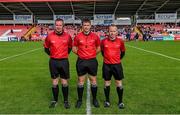 28 July 2023; Referee Fintan Pierce with his linesmen Seán Lonergan, left, and Johnny Hayes before the Men's Football Open Cup Final Oakleaf Cup during day five of the FRS Recruitment GAA World Games 2023 at Celtic Park in Derry. Photo by Piaras Ó Mídheach/Sportsfile