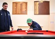 2 August 2023; North West Warriors captain Andy McBrine plays a pool based game watched by team-mate Cameron Melly as rain delays play before the Rario Inter-Provincial Trophy 2023 match between Leinster Lightning and North West Warriors at Pembroke Cricket Club in Dublin. Photo by Sam Barnes/Sportsfile
