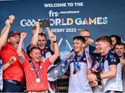 28 July 2023; New York captain James Breen lifts the trophy after the Hurling International Cup Final Séamus Howlin Cup match between New York and Pearse Óg San Francisco on day five of the FRS Recruitment GAA World Games 2023 at Celtic Park in Derry. Photo by Piaras Ó Mídheach/Sportsfile