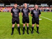 28 July 2023; Referee Shane Hynes with his officials before the Hurling International Cup Final match between New York and Pearse Óg San Francisco during Séamus Howlin Cup on day five of the FRS Recruitment GAA World Games 2023 at Celtic Park in Derry. Photo by Piaras Ó Mídheach/Sportsfile