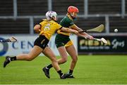 28 July 2023; Jen Hosford of Australasia in action against Annie Stafford of Middle East during the Camogie Open Final Mary Gavin Cup match on day five of the FRS Recruitment GAA World Games 2023 at Celtic Park in Derry. Photo by Piaras Ó Mídheach/Sportsfile