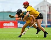28 July 2023; Aine Cunnigham of Australasia in action against Aisling Nolan of Middle East during the Camogie Open Final Mary Gavin Cup match on day five of the FRS Recruitment GAA World Games 2023 at Celtic Park in Derry. Photo by Piaras Ó Mídheach/Sportsfile