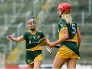 28 July 2023; Jen Hosford of Australasia celebrates after victory over Middle East in the Camogie Open Final Mary Gavin Cup match on day five of the FRS Recruitment GAA World Games 2023 at Celtic Park in Derry. Photo by Piaras Ó Mídheach/Sportsfile