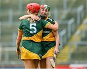 28 July 2023; Jen Hosford of Australasia celebrates with team-mate Andrea Mullins after victory over Middle East in the Camogie Open Final Mary Gavin Cup match on day five of the FRS Recruitment GAA World Games 2023 at Celtic Park in Derry. Photo by Piaras Ó Mídheach/Sportsfile