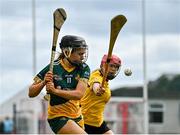 28 July 2023; Aine Cunnigham of Australasia in action against Aisling Nolan of Middle East during the Camogie Open Final Mary Gavin Cup match on day five of the FRS Recruitment GAA World Games 2023 at Celtic Park in Derry. Photo by Piaras Ó Mídheach/Sportsfile