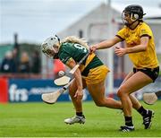 28 July 2023; Shelly Farrell of Australasia in action against Aine Barry of Middle East during the Camogie Open Final Mary Gavin Cup match on day five of the FRS Recruitment GAA World Games 2023 at Celtic Park in Derry. Photo by Piaras Ó Mídheach/Sportsfile