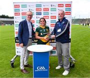 28 July 2023; Meg Farrell of Australasia is presented with the Best and Fairest Award by Niall Erskine, Chairman of World GAA Council Committee, and General Manager of FRS Recruitment Colin Donnery, left, after during the Camogie Open Final Mary Gavin Cup match between Australasia and Middle East on day five of the FRS Recruitment GAA World Games 2023 at Celtic Park in Derry. Photo by Piaras Ó Mídheach/Sportsfile