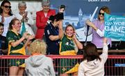 28 July 2023; Australasia captain Shelly Farrell lifts the trophy after victory over Middle East in the Camogie Open Final Mary Gavin Cup match on day five of the FRS Recruitment GAA World Games 2023 at Celtic Park in Derry. Photo by Piaras Ó Mídheach/Sportsfile