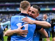 30 July 2023; Dublin footballers Cormac Costello and Paul Mannion, 11, celebrate after their side's victory in the GAA Football All-Ireland Senior Championship final match between Dublin and Kerry at Croke Park in Dublin. Photo by Piaras Ó Mídheach/Sportsfile