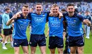 30 July 2023; Dublin players, from left, Daire Newcombe, Lee Gannon, Cian Murphy and David Byrne celebrate after their side's victory in the GAA Football All-Ireland Senior Championship final match between Dublin and Kerry at Croke Park in Dublin. Photo by Piaras Ó Mídheach/Sportsfile