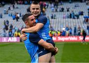 30 July 2023; Dublin captain James McCarthy holds his team-mate Eoin Murchan aloft as they celebrate after their side's victory inthe GAA Football All-Ireland Senior Championship final match between Dublin and Kerry at Croke Park in Dublin. Photo by Piaras Ó Mídheach/Sportsfile
