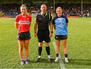 29 July 2023; Referee Jonathan Murphy with team captains Máire O'Callaghan of Cork and Carla Rowe of Dublin before the TG4 LGFA All-Ireland Senior Championship semi-final match between Dublin and Cork at Semple Stadium in Thurles, Tipperary. Photo by Piaras Ó Mídheach/Sportsfile