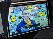 29 July 2023; Lauren Magee of Dublin is shown on a monitor as she is interviewed after the TG4 LGFA All-Ireland Senior Championship semi-final match between Dublin and Cork at Semple Stadium in Thurles, Tipperary. Photo by Piaras Ó Mídheach/Sportsfile