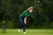 3 August 2023; Jared Wilson of North West Warriors bowls during the Rario Inter-Provincial Trophy 2023 match between North West Warriors and Munster Reds at Pembroke Cricket Club in Dublin. Photo by Sam Barnes/Sportsfile