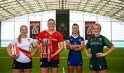 3 August 2023; In attendance, from left, Sadhbh McGrath of Ulster, Dorothy Wall of Munster, Natasja Behan of Leinster and Aoibheann Reilly of Connacht at the Vodafone Women's Interprovincial launch in the IRFU High Performance Centre at the Sport Ireland Campus in Dublin. Photo by Harry Murphy/Sportsfile