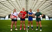 3 August 2023; In attendance, from left, Sadhbh McGrath of Ulster, Dorothy Wall of Munster, Natasja Behan of Leinster and Aoibheann Reilly of Connacht at the Vodafone Women's Interprovincial launch in the IRFU High Performance Centre at the Sport Ireland Campus in Dublin. Photo by Harry Murphy/Sportsfile