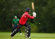 3 August 2023; Ben White of Munster Reds is bowled by Craig Young of North West Warriors during the Rario Inter-Provincial Trophy 2023 match between North West Warriors and Munster Reds at Pembroke Cricket Club in Dublin. Photo by Sam Barnes/Sportsfile