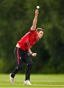 3 August 2023; Joshua Manley of Munster Reds bowls during the Rario Inter-Provincial Trophy 2023 match between North West Warriors and Munster Reds at Pembroke Cricket Club in Dublin.  Photo by Sam Barnes/Sportsfile
