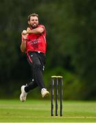 3 August 2023; Liam McCarthy of Munster Reds bowls during the Rario Inter-Provincial Trophy 2023 match between North West Warriors and Munster Reds at Pembroke Cricket Club in Dublin. Photo by Sam Barnes/Sportsfile