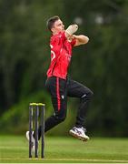 3 August 2023; Mike Frost of Munster Reds bowls during the Rario Inter-Provincial Trophy 2023 match between North West Warriors and Munster Reds at Pembroke Cricket Club in Dublin. Photo by Sam Barnes/Sportsfile