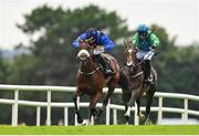 3 August 2023; The Big Doyen, left, with Kevin Sexton up, on their way to winning the Guinness Novice Hurdle, from second place What Path, right, with Paul Townend up, during day four of the Galway Races Summer Festival at Ballybrit Racecourse in Galway. Photo by Seb Daly/Sportsfile