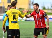 3 August 2023; Patrick McEleney of Derry City and Anton Popovitch of KuPS shake hands before the UEFA Europa Conference League Second Qualifying Round Second Leg match between KuPS and Derry City at the Väre Areena in Kuopio, Finland. Photo by Jussi Eskola/Sportsfile