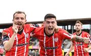 3 August 2023; Cian Kavanagh of Derry City, right, celebrates with teammate Paul McMullan after scoring their side's first goal during the UEFA Europa Conference League Second Qualifying Round Second Leg match between KuPS and Derry City at the Väre Areena in Kuopio, Finland. Photo by Jussi Eskola/Sportsfile