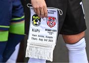 3 August 2023; A detailed view of the Derry City pennant before the UEFA Europa Conference League Second Qualifying Round Second Leg match between KuPS and Derry City at the Väre Areena in Kuopio, Finland. Photo by Jussi Eskola/Sportsfile