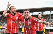 3 August 2023; Cian Kavanagh of Derry City, right, celebrates with teammate Paul McMullan after scoring their side's first goal during the UEFA Europa Conference League Second Qualifying Round Second Leg match between KuPS and Derry City at the Väre Areena in Kuopio, Finland. Photo by Jussi Eskola/Sportsfile