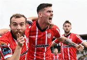 3 August 2023; Cian Kavanagh of Derry City, right, celebrates with teammate Paul McMullan after scoring their side's first goal during the UEFA Europa Conference League Second Qualifying Round Second Leg match between KuPS and Derry City at the Väre Areena in Kuopio, Finland. Photo by Jussi Eskola/Sportsfile